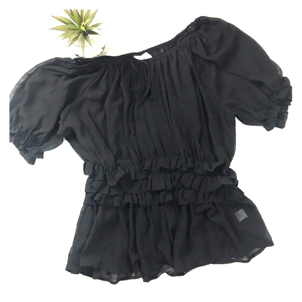 Black Sheer Ruffle Top Size Large